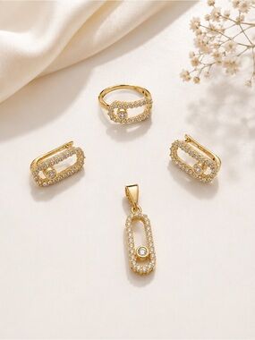 ✨ Gold Tone Crystal Jewelry Set – Ring, Earrings & Pendant